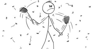 Stick figure person swatting away flies.