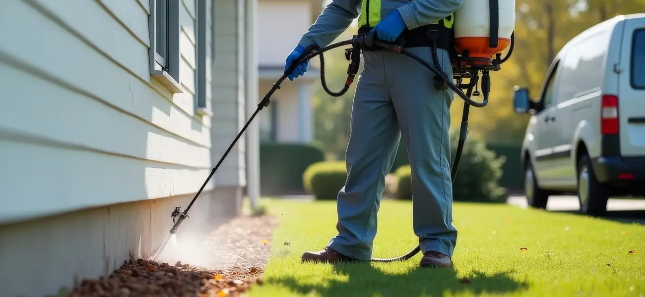 A Pest Control Technician Sprays Pesticide Along the Foundation of a Residential Home