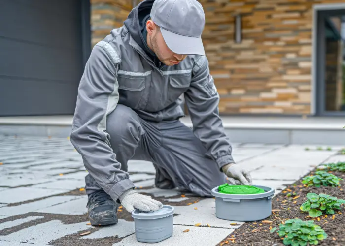 A Pest Control Technician Sets Rodent Traps at a Residential Home
