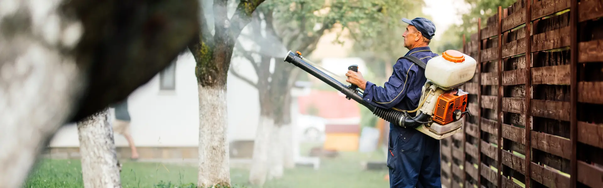 A Pest Control Technician Sprays Trees with Pesticide