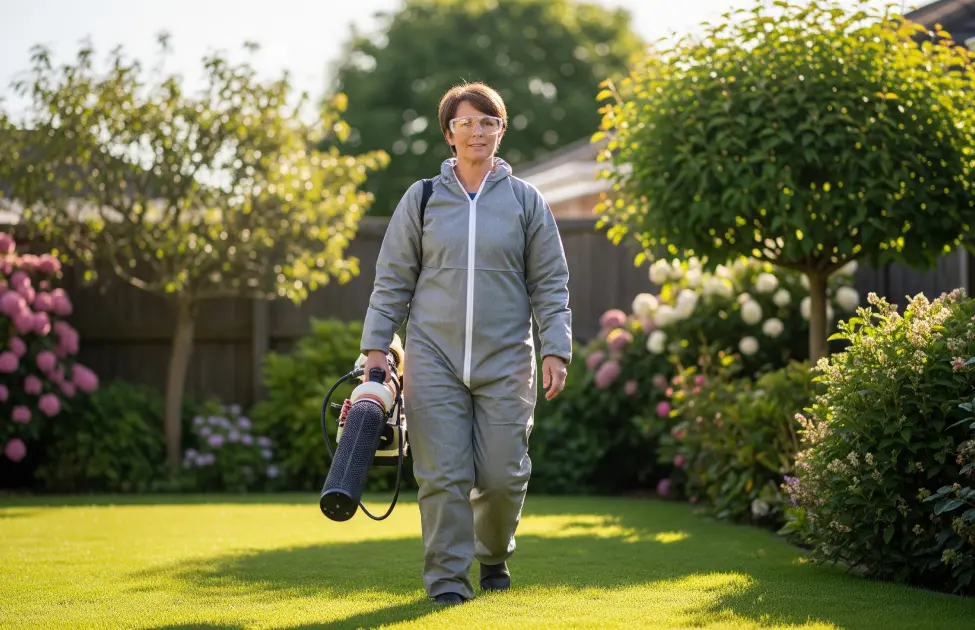 A pest control technicians walking through residential yard before treating for mosquitoes