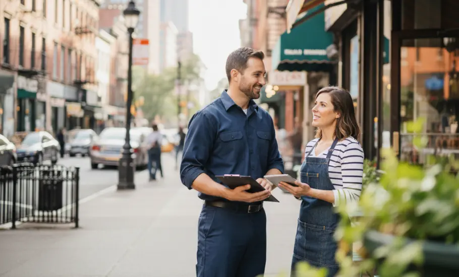 A pest control technician talks to a Laurel NY business owner about a pest control quote from Twin Forks Pest Control