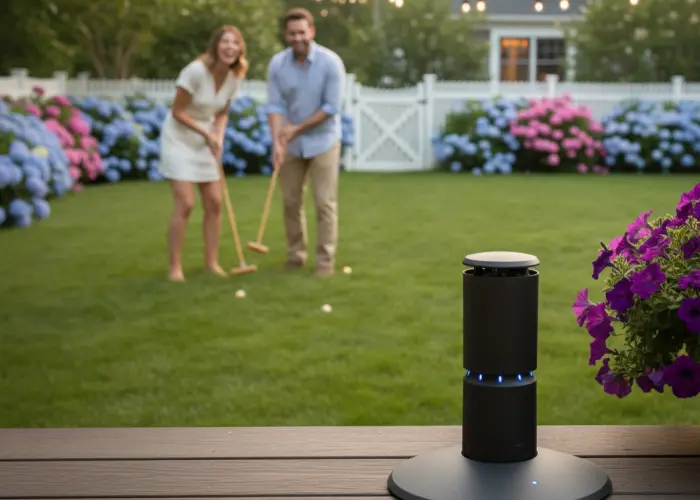 A couple enjoying their backyard in Long Island after installing a mosquito repellent system
