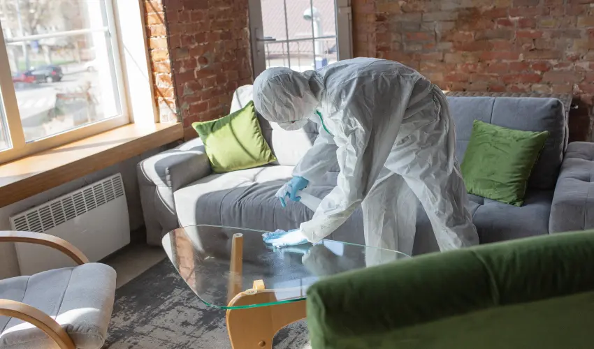 A Twin Forks Pest Control® technician sprays disinfectant cleaner on a coffee table of a New York apartment