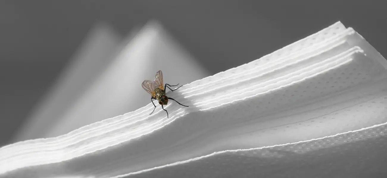 A pest fly lands on a paper towels in a New York public bathroom