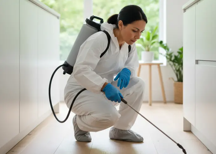 A pest control technician applies a pest solution to a kitchen in Long Island