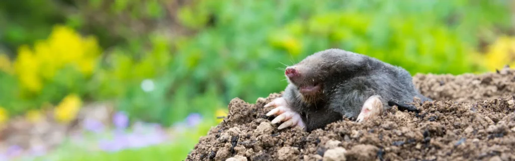 Mole emerging from the ground. Twin Forks Pest Control® offers professional Mole and Vole control services in Long Island, New York.