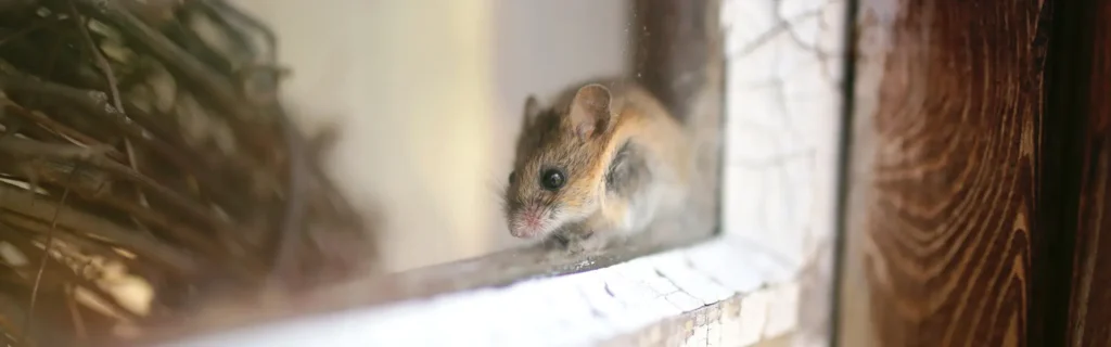 Brown mouse perched on window sill. Twin Forks Pest Control® offers professional mouse control services in Long Island, New York.