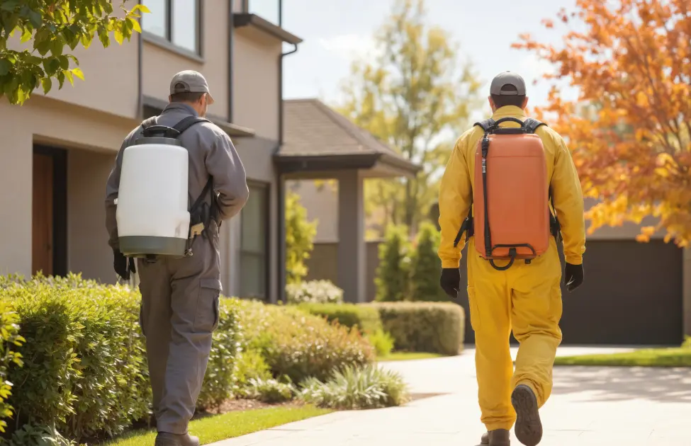 Twin Forks Pest Control® technicians walking around the yard of a New York home in preparation for pest treatment