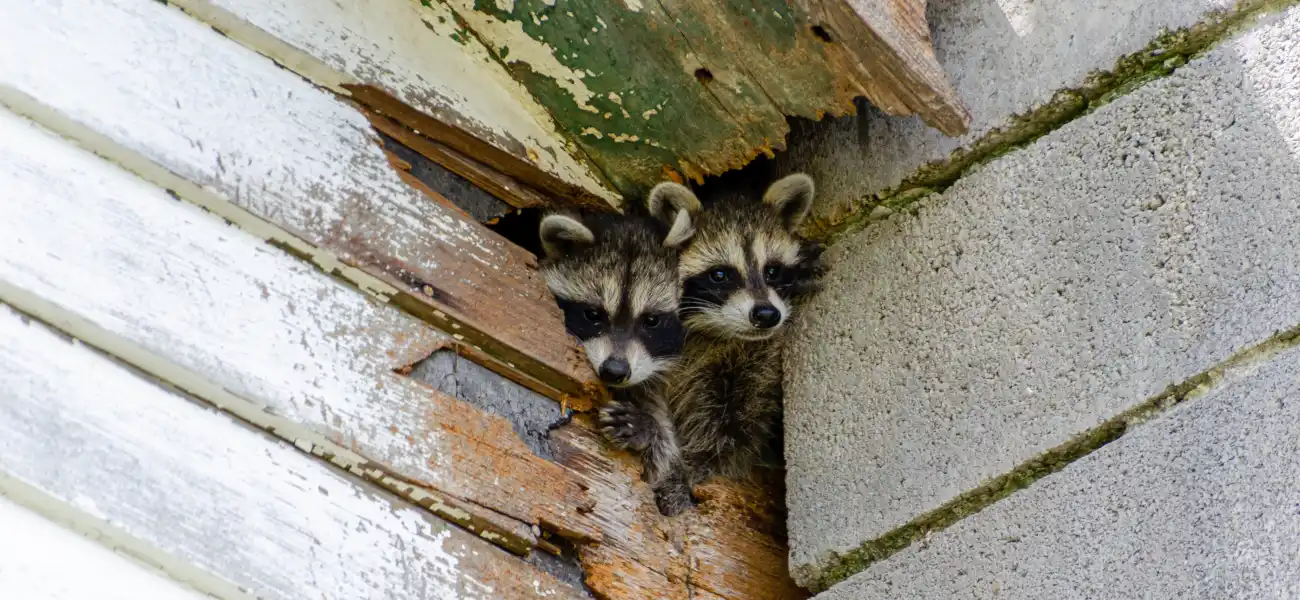 Raccoons peering out of a hole of a garage in Long Island. A raccoon infestation poses many dangers to humans and pets, including rabies and roundworm.