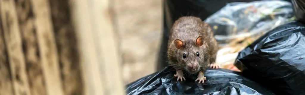 Rat crawling through garbage area. Twin Forks Pest Control® offers professional rat control services in Long Island, New York.