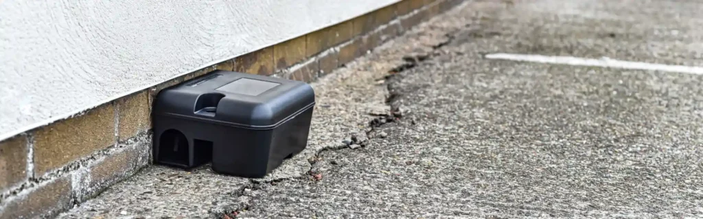 A rodent bait station placed outside of a Long Island busines