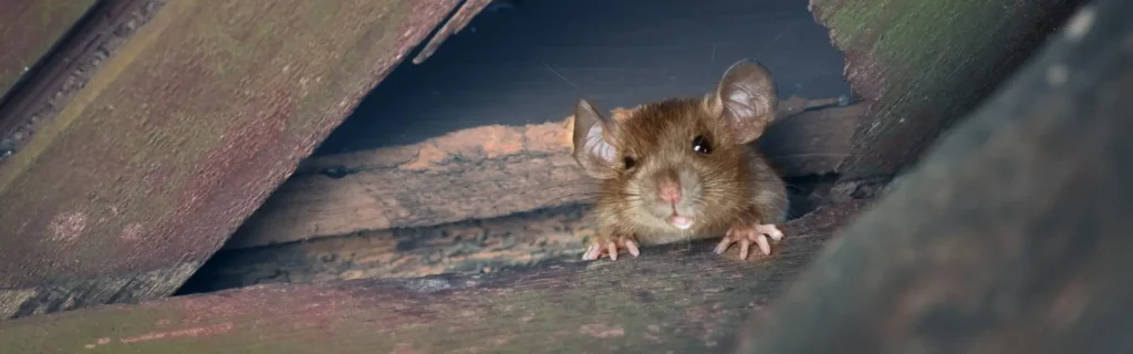 Roof rat peering through hole in an attic. Twin Forks Pest Control® offers professional rodent control services in Long Island, New York.