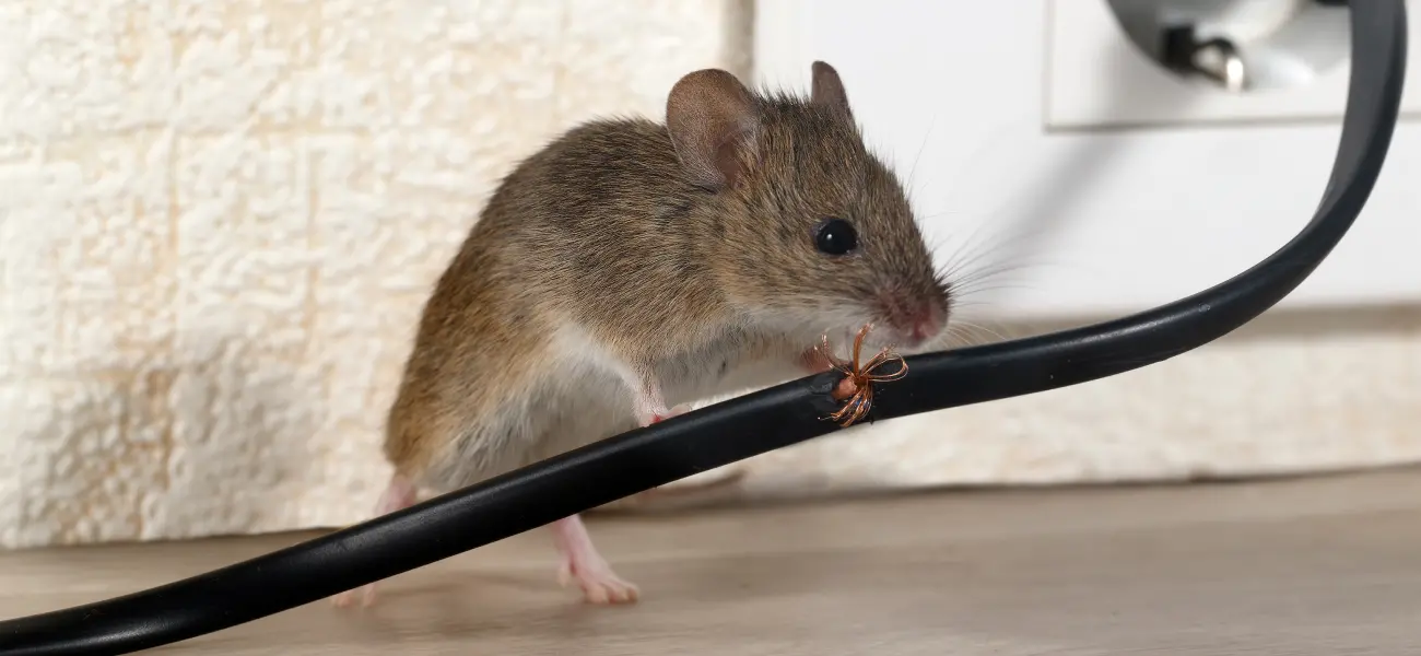 A mouse chewing through an electrical cord. Rodents create many problems for residents in Long Island, but Twin Forks Pest Control® can help.