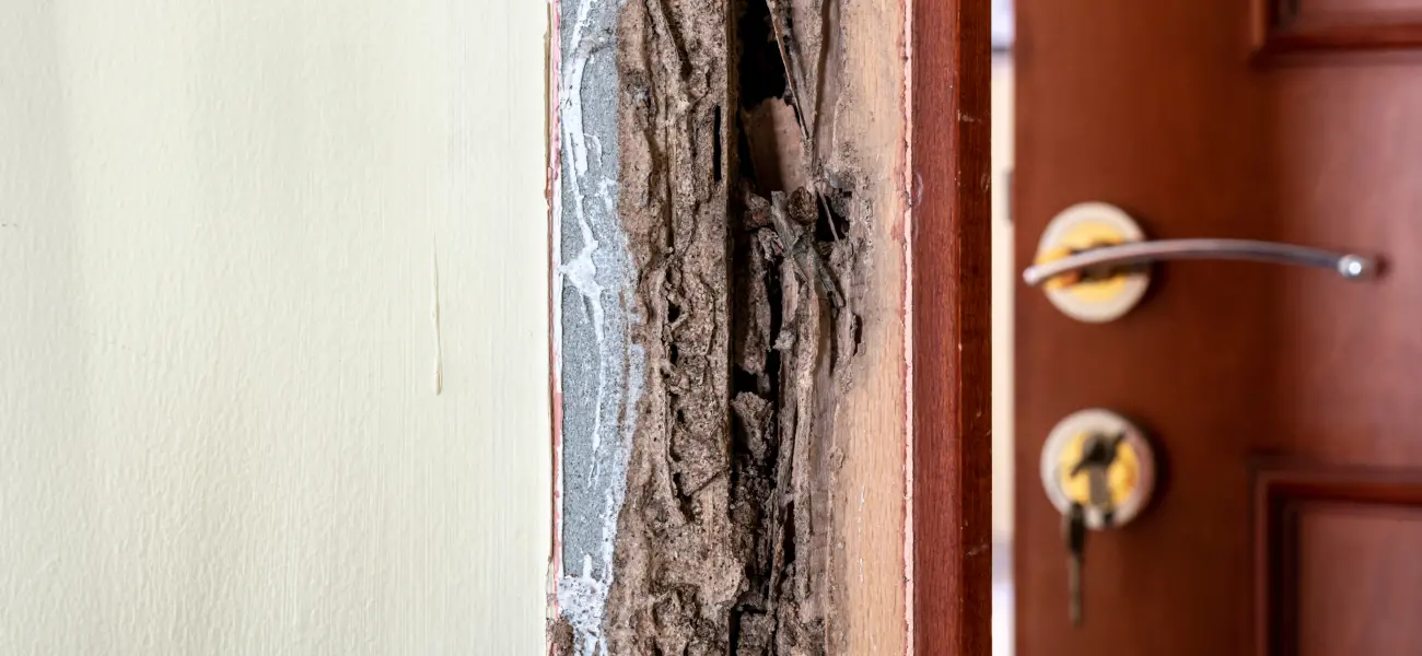 A badly damaged door frame from termites. Twin Forks Pest Control® offers termite control solutions in Eastern Long Island, New York.