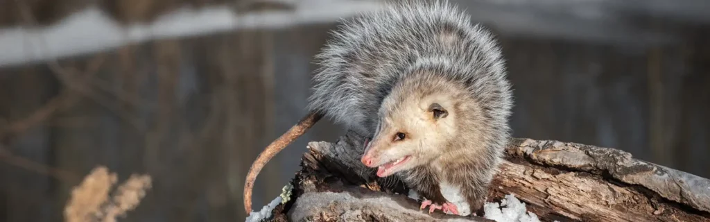 A Virginia opossum walking along a tree in a Long Island backyard. Twin Forks Pest Control® offers professional wildlife control services in Long Island, New York.